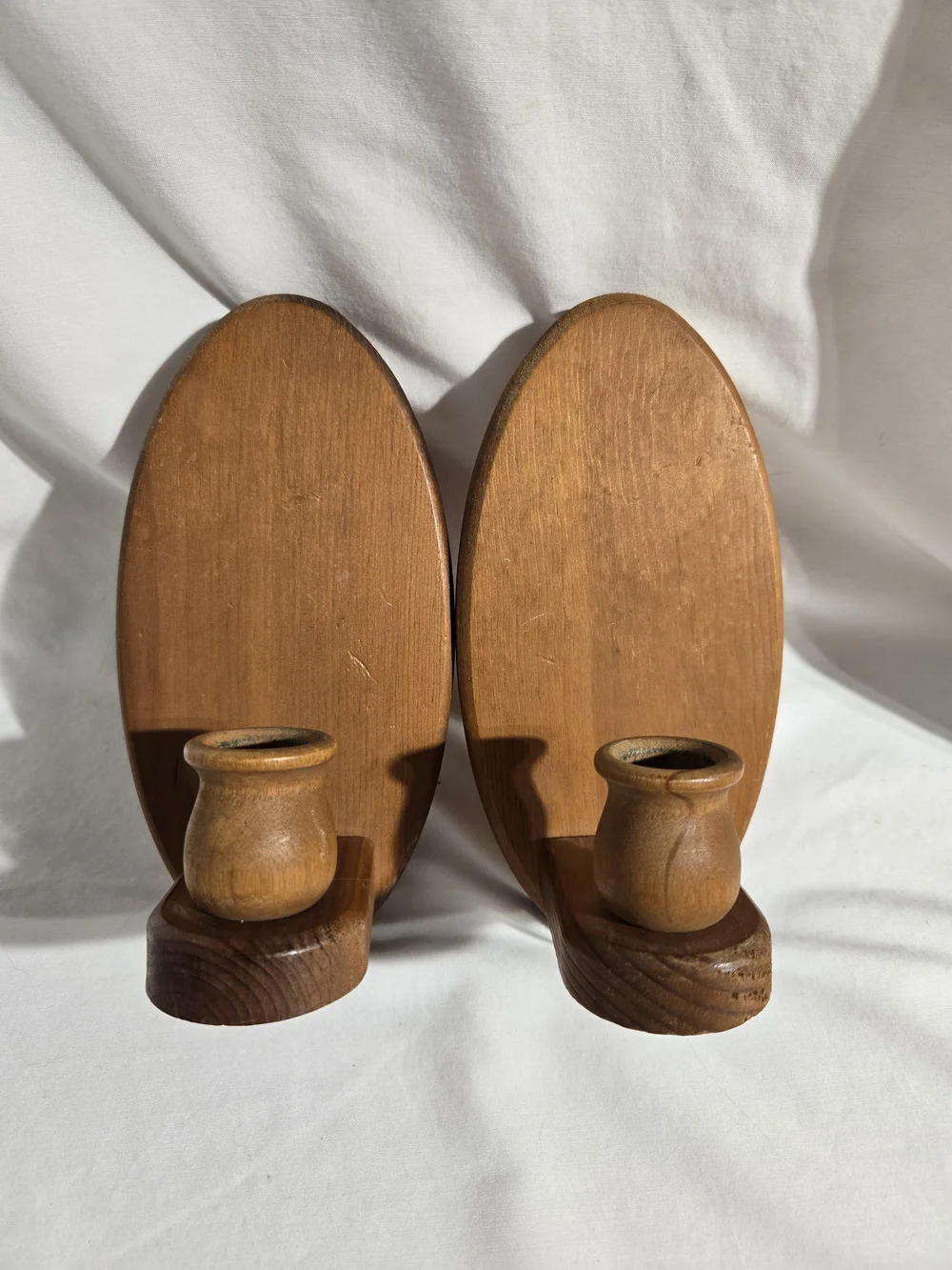 Vintage Wooden Wall Sconce Candle Holder Pair Mid Century Rustic Oval Wood Set 2